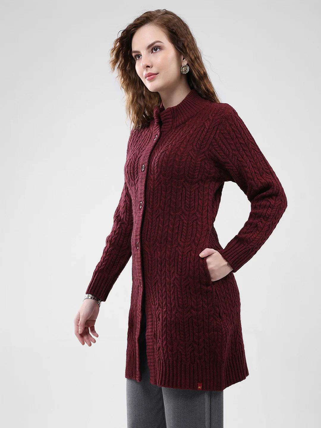 Women Maroon Self Design Mock Neck Full Sleeve Cardigan - Image 3