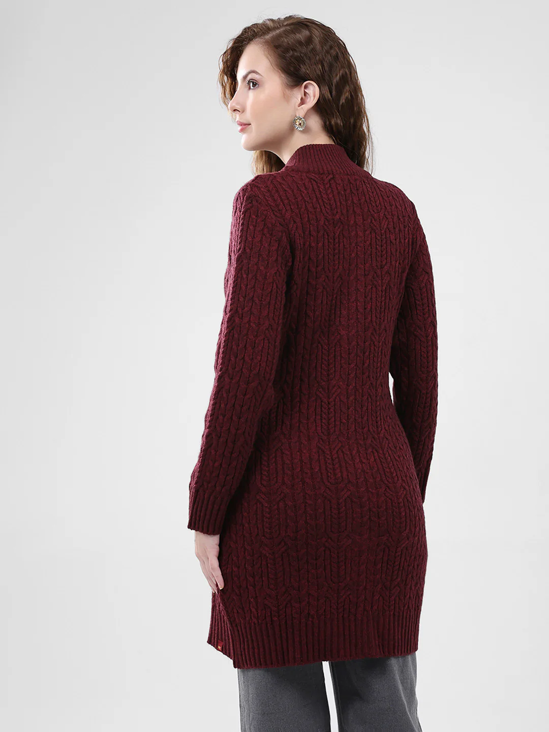 Women Maroon Self Design Mock Neck Full Sleeve Cardigan - Image 5