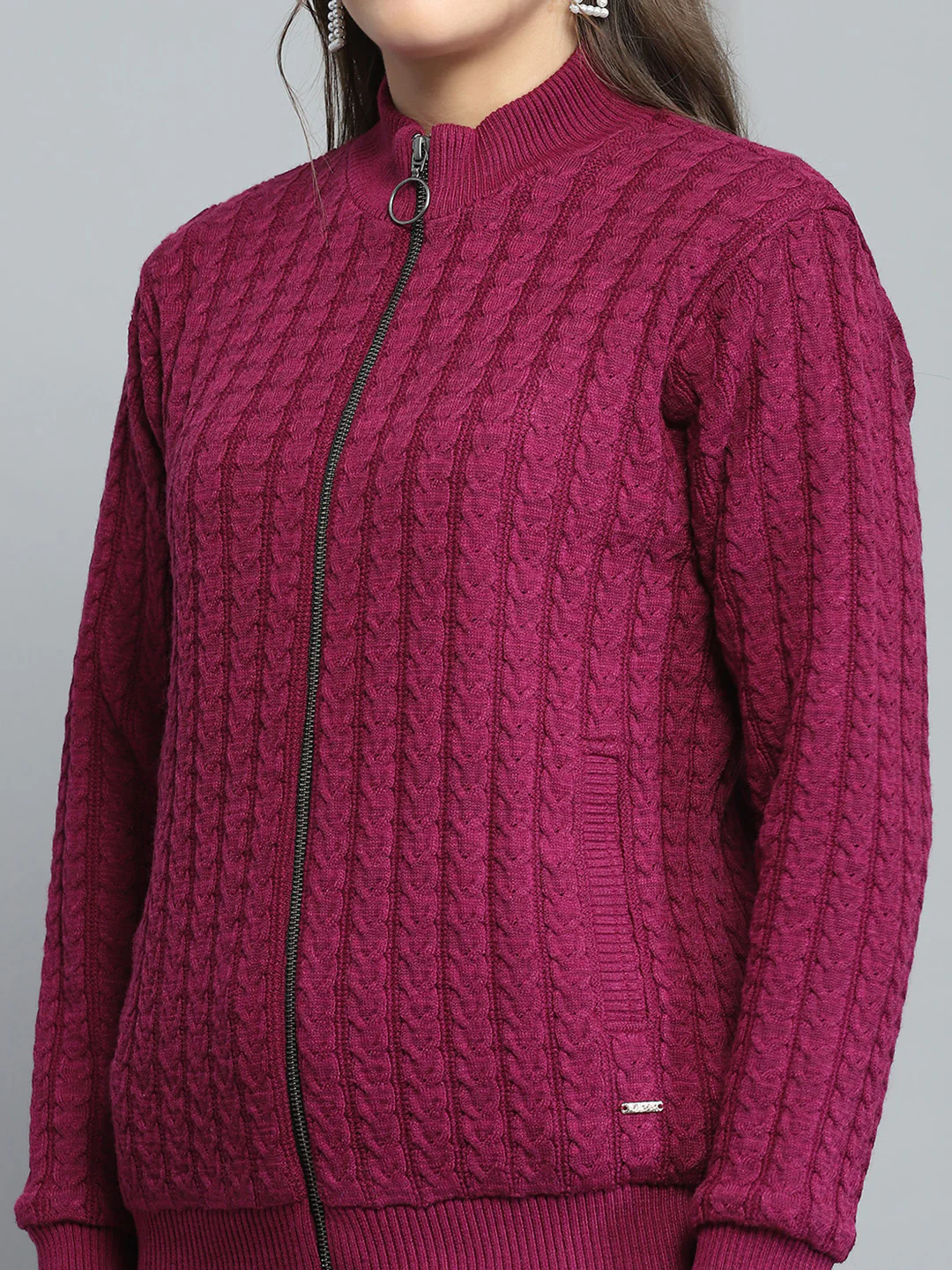Women Maroon Self Design Mock Neck Full Sleeve Jacket - Image 6