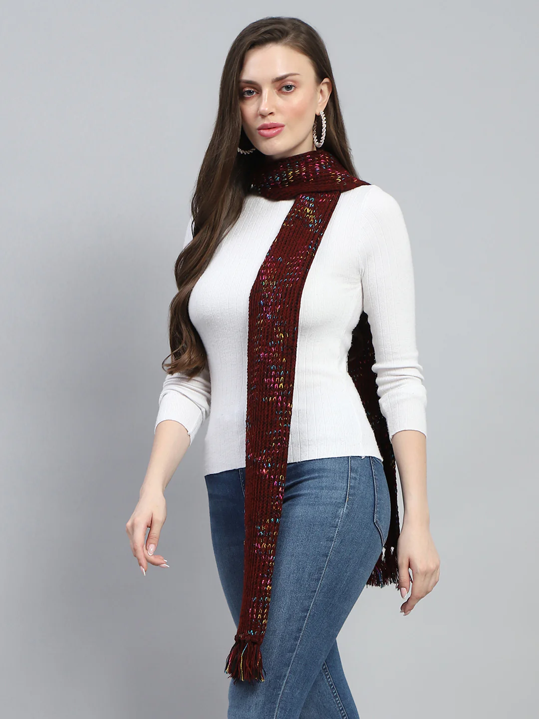 Women Maroon Self Design Muffler - Image 3