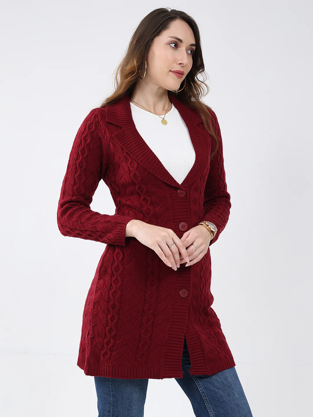 Women Maroon Self Design Notch Lapel Collar Full Sleeve Cardigan - Image 4