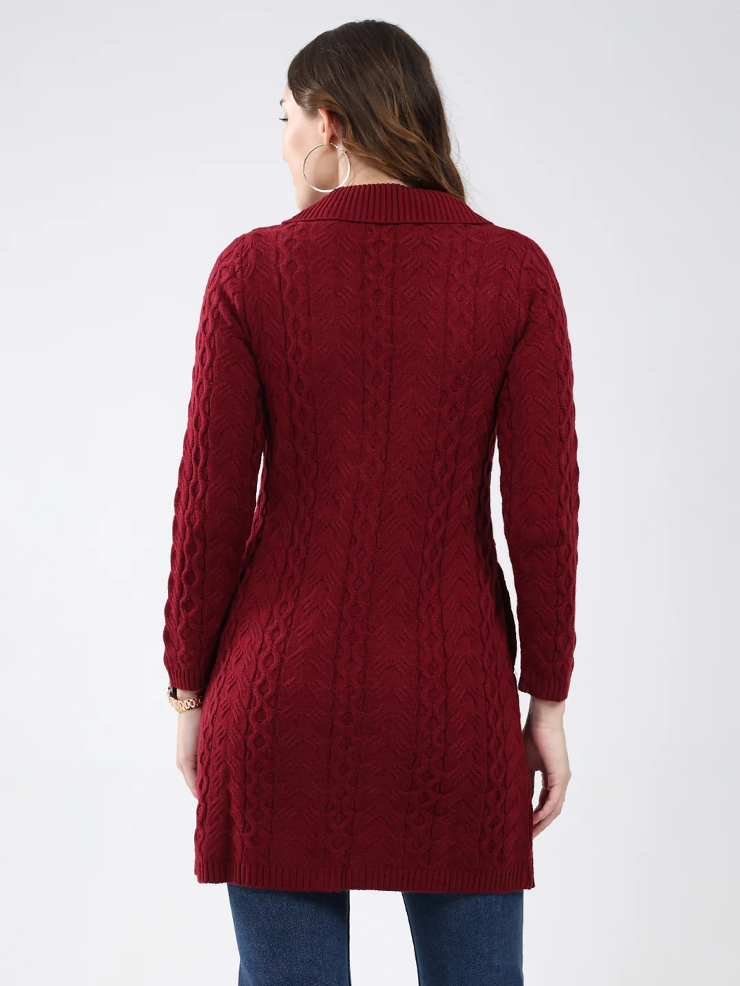 Women Maroon Self Design Notch Lapel Collar Full Sleeve Cardigan - Image 5