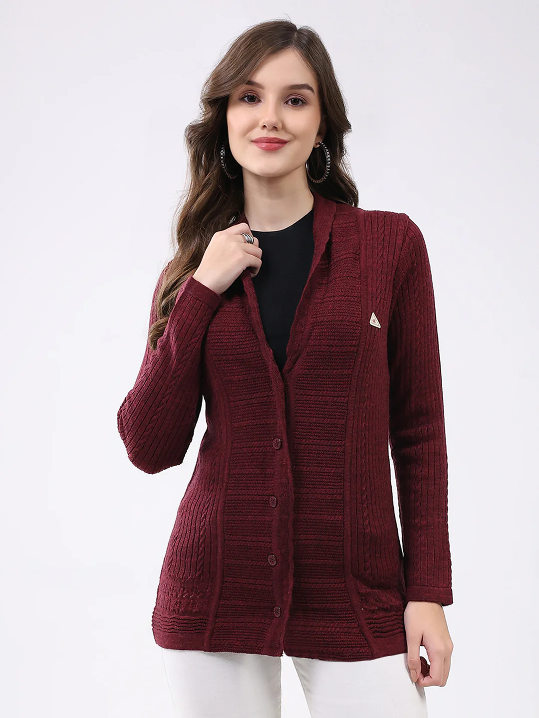 Women Maroon Self Design Notch Lapel Collar Full Sleeve Cardigan