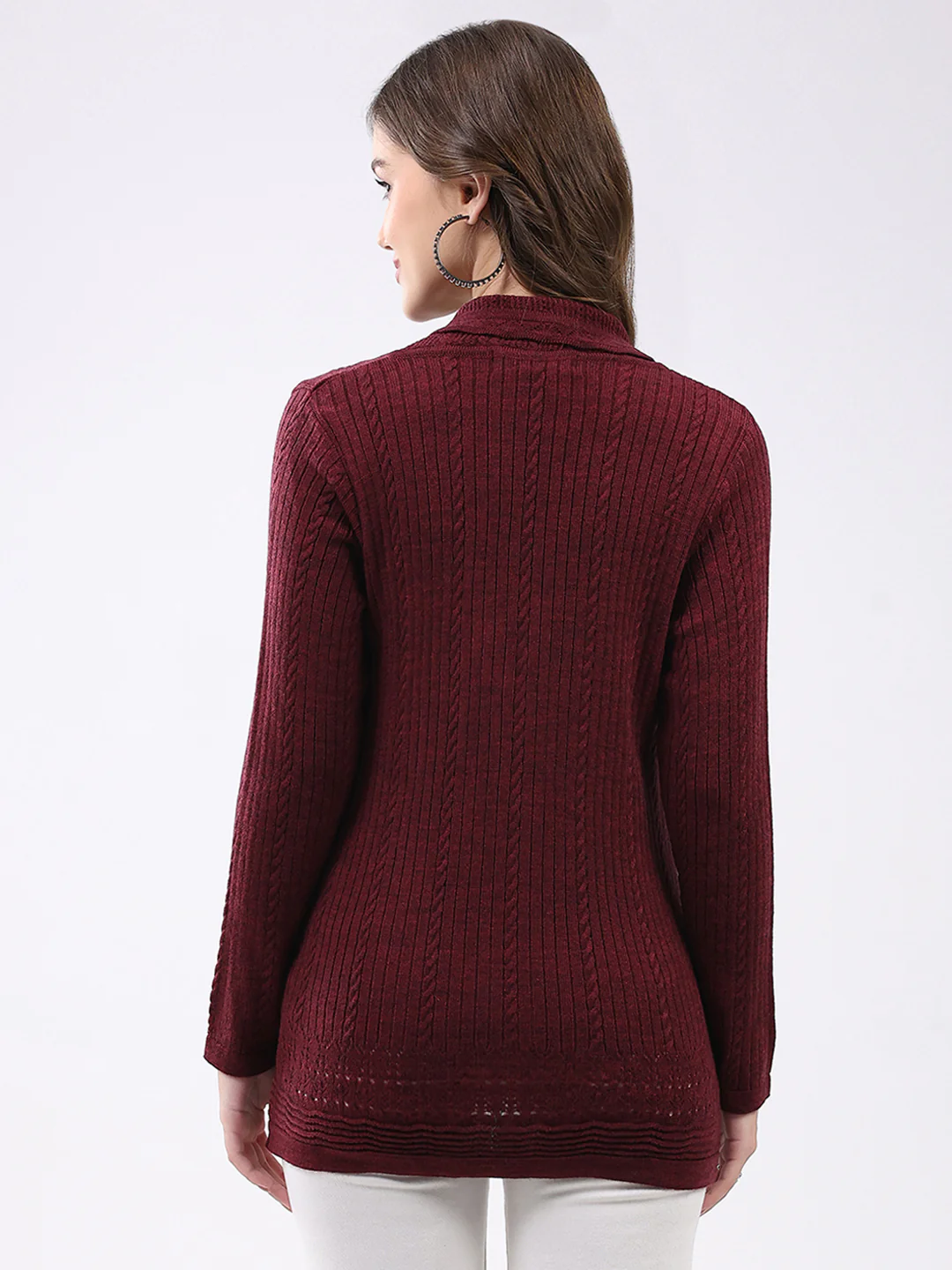 Women Maroon Self Design Notch Lapel Collar Full Sleeve Cardigan - Image 5