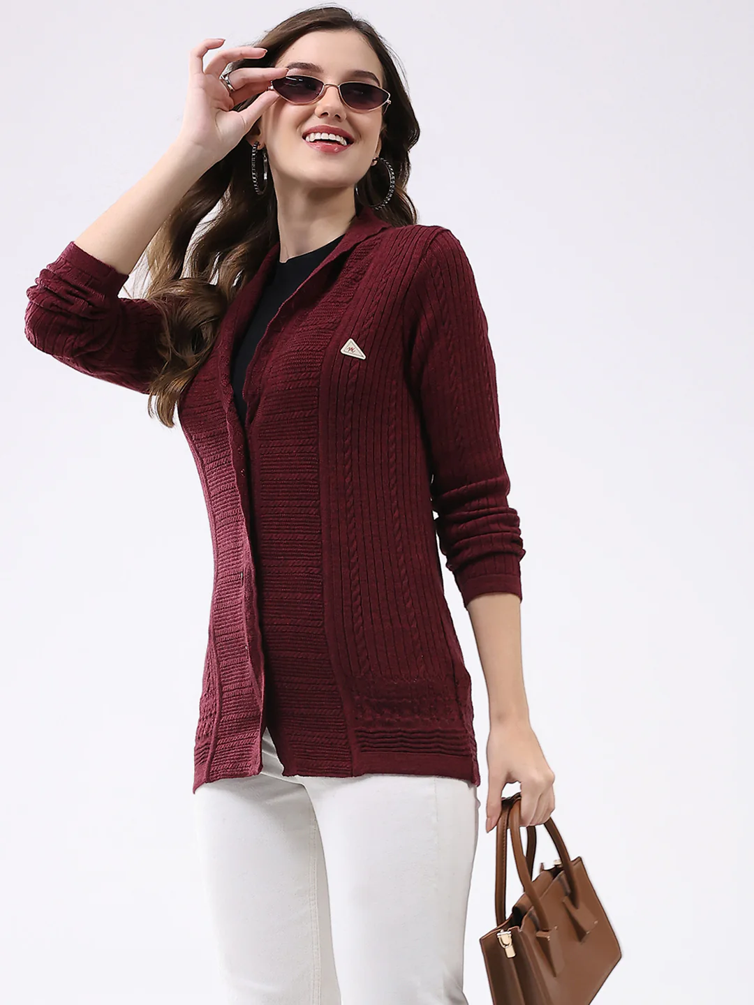 Women Maroon Self Design Notch Lapel Collar Full Sleeve Cardigan - Image 6