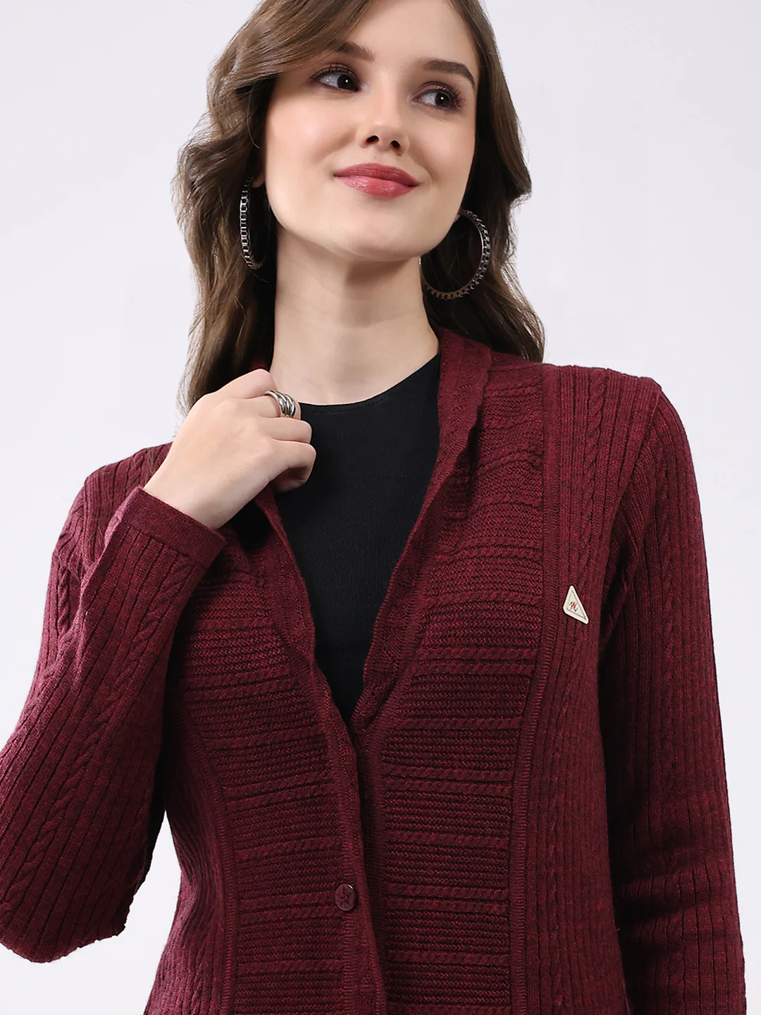 Women Maroon Self Design Notch Lapel Collar Full Sleeve Cardigan - Image 7