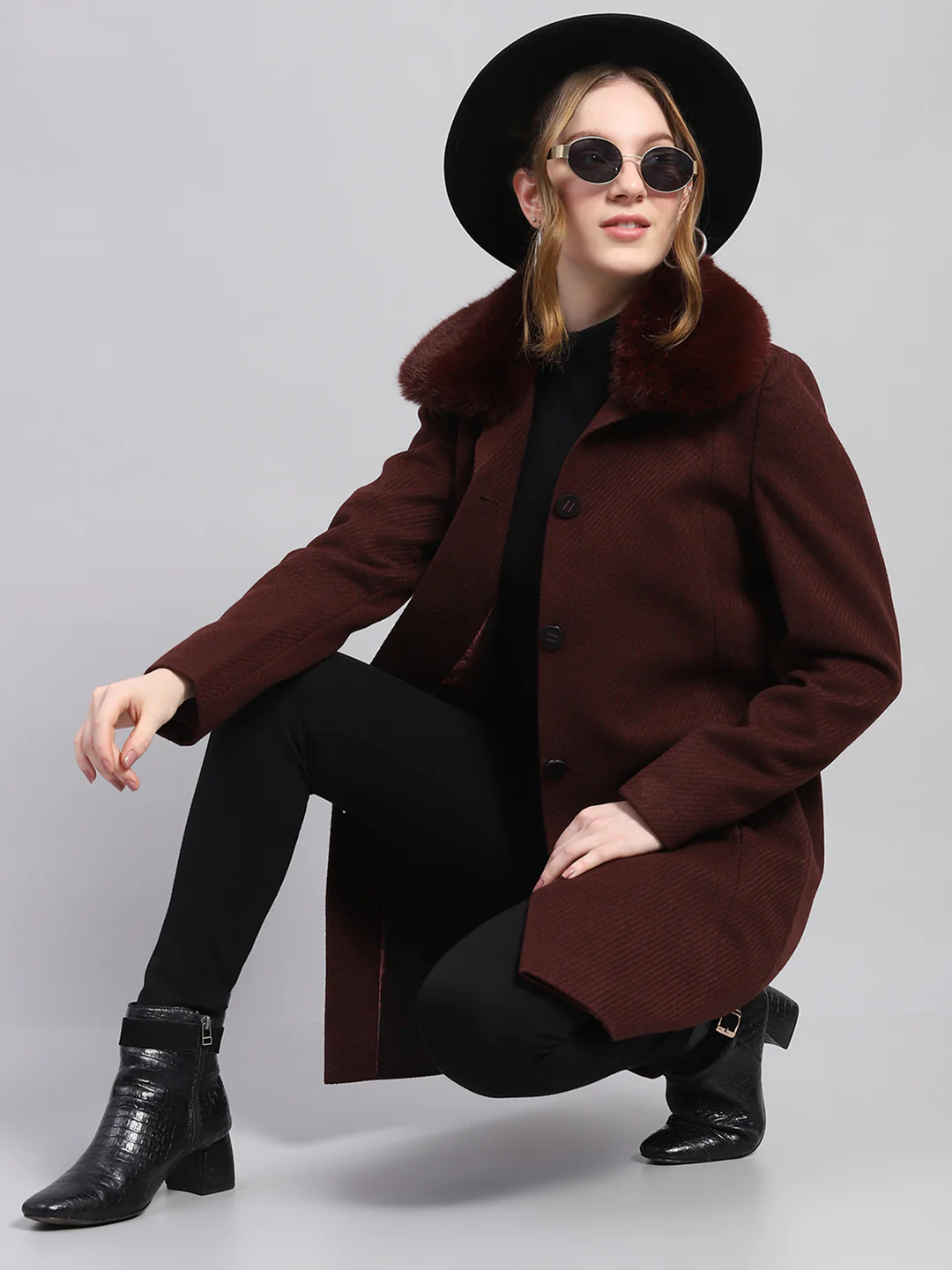 Women Maroon Self Design Notch lapel Collar Full Sleeve Coat - Image 2