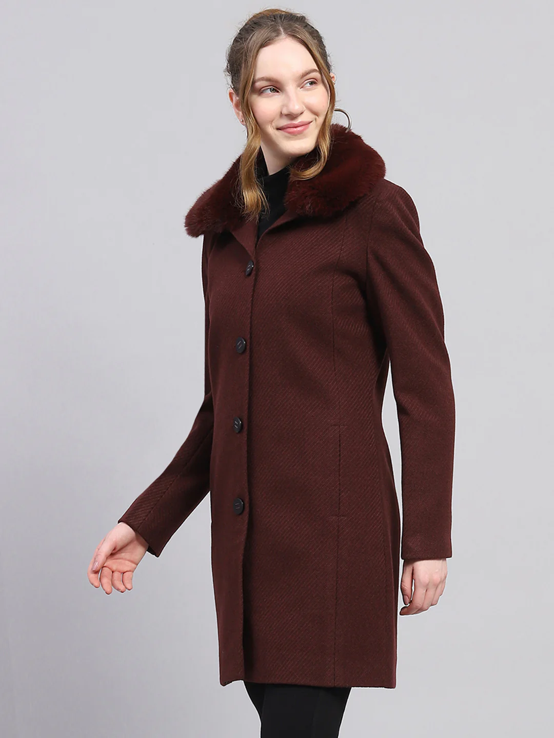 Women Maroon Self Design Notch lapel Collar Full Sleeve Coat - Image 3