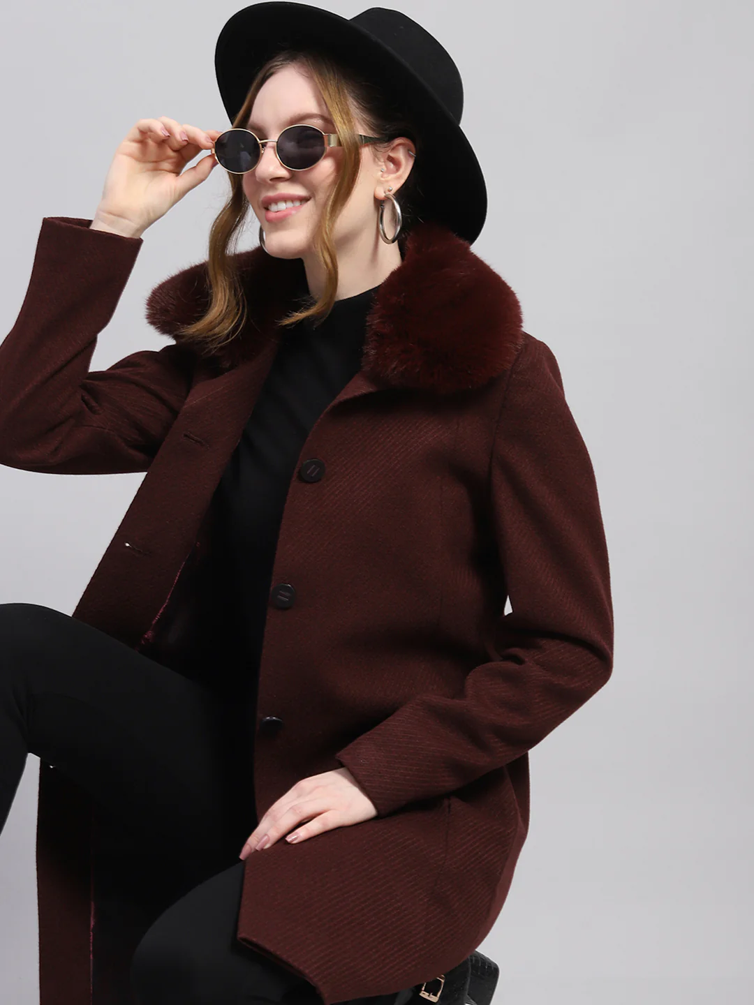Women Maroon Self Design Notch lapel Collar Full Sleeve Coat - Image 6