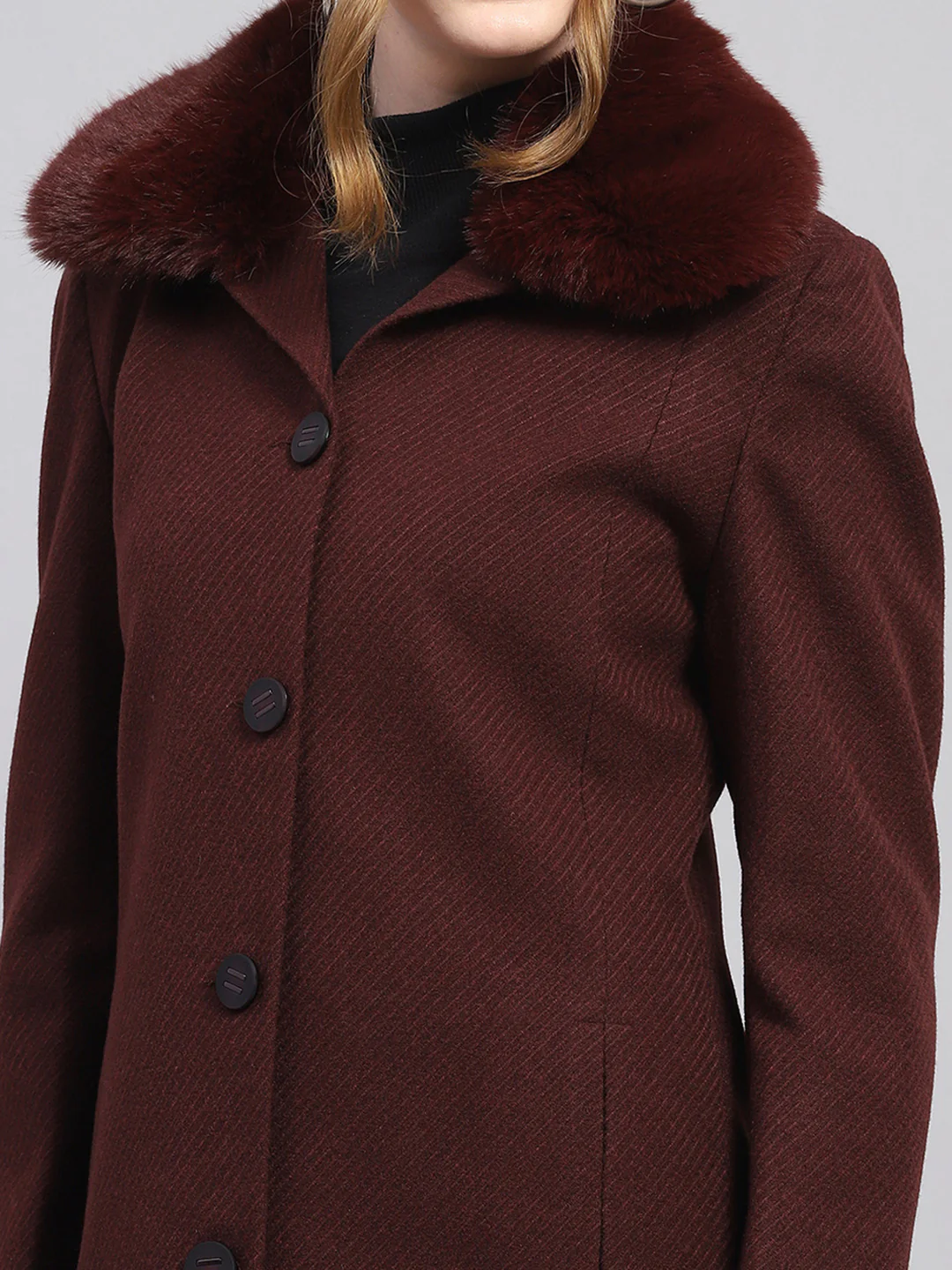 Women Maroon Self Design Notch lapel Collar Full Sleeve Coat - Image 7