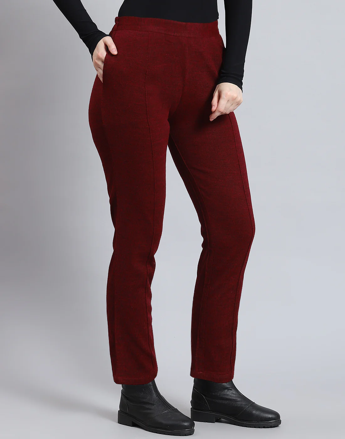 Women Maroon Self Design Regular Fit Winter Lower - Image 4