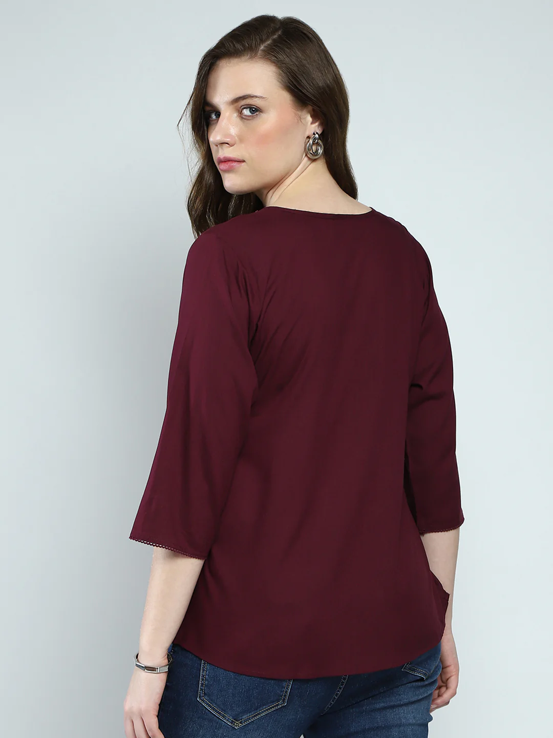 Women Maroon Self Design Round Neck 3/4th Sleeve Top - Image 5