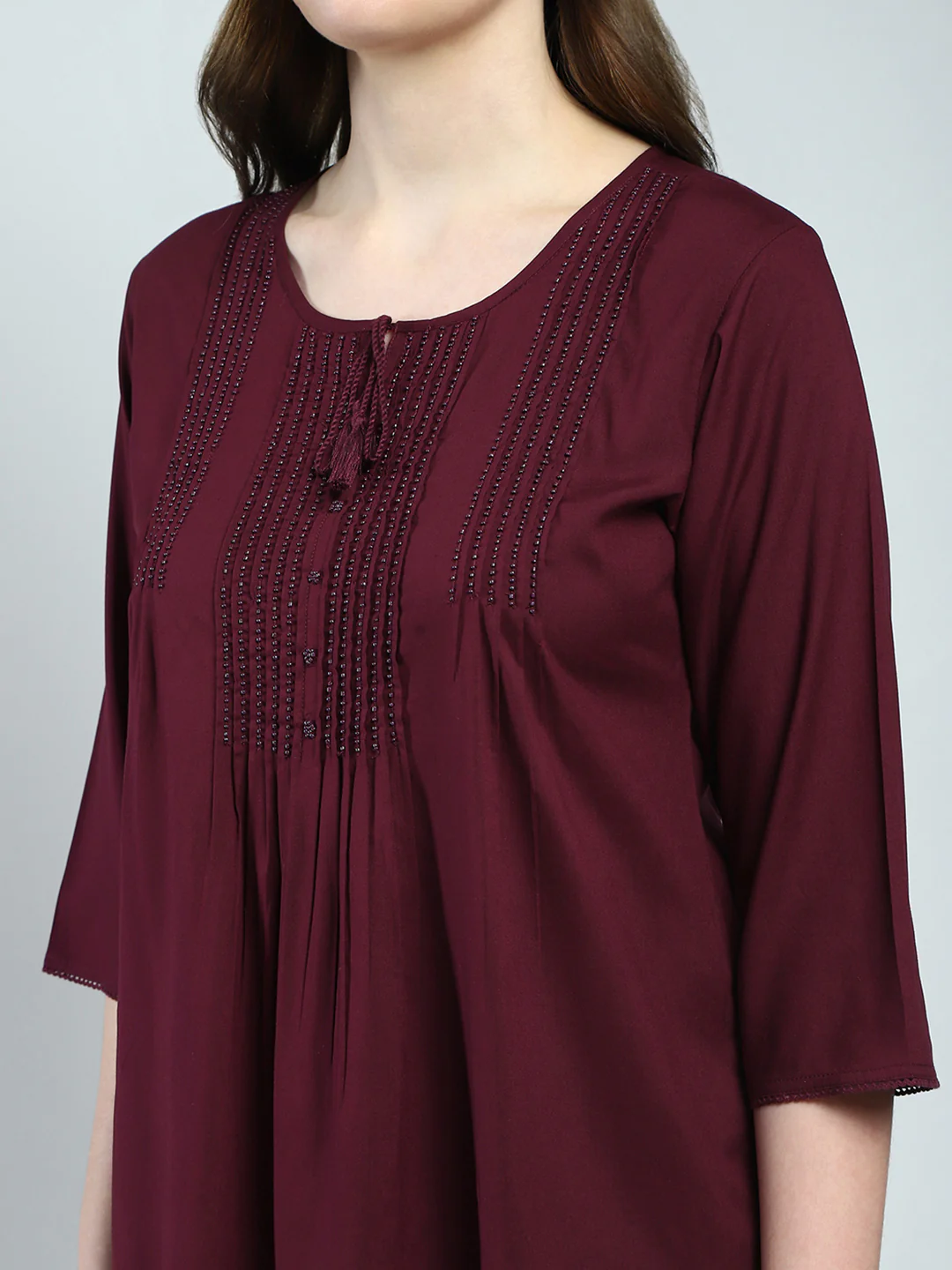 Women Maroon Self Design Round Neck 3/4th Sleeve Top - Image 7