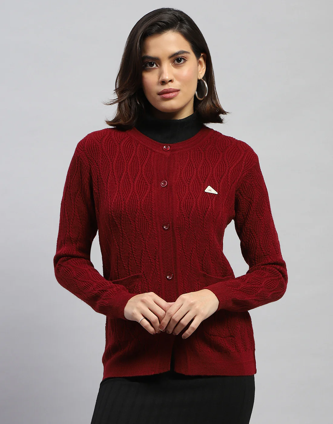 Women Maroon Self Design Round Neck Full Sleeve Cardigan - Image 2