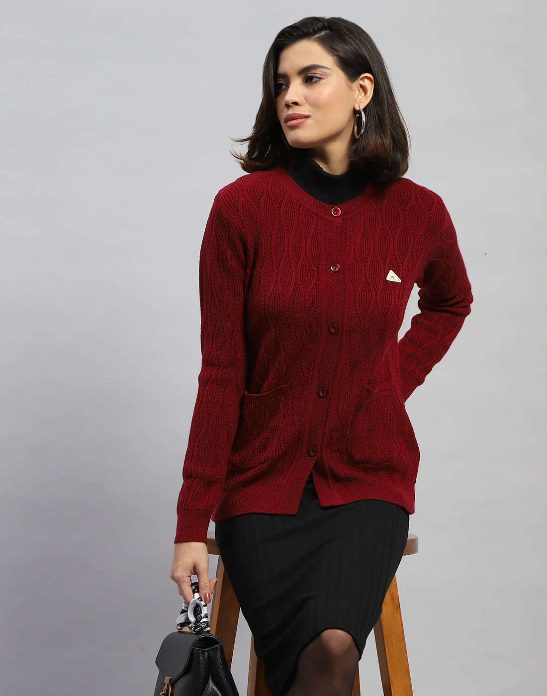 Women Maroon Self Design Round Neck Full Sleeve Cardigan - Image 6