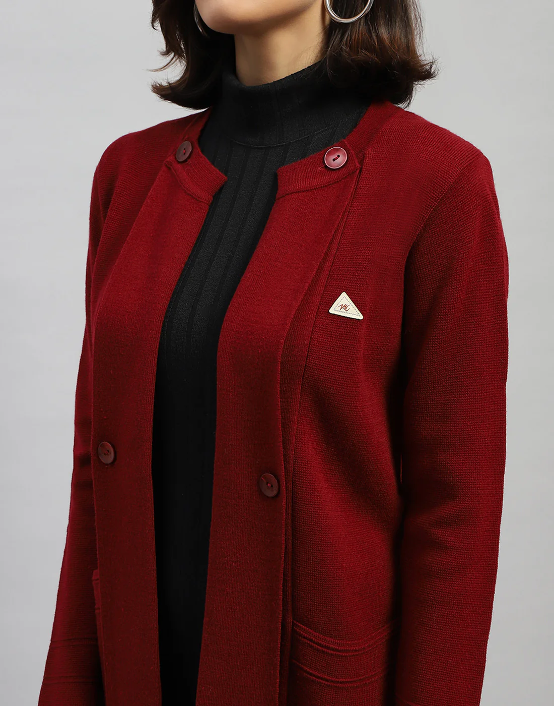 Women Maroon Self Design Round Neck Full Sleeve Cardigan - Image 6
