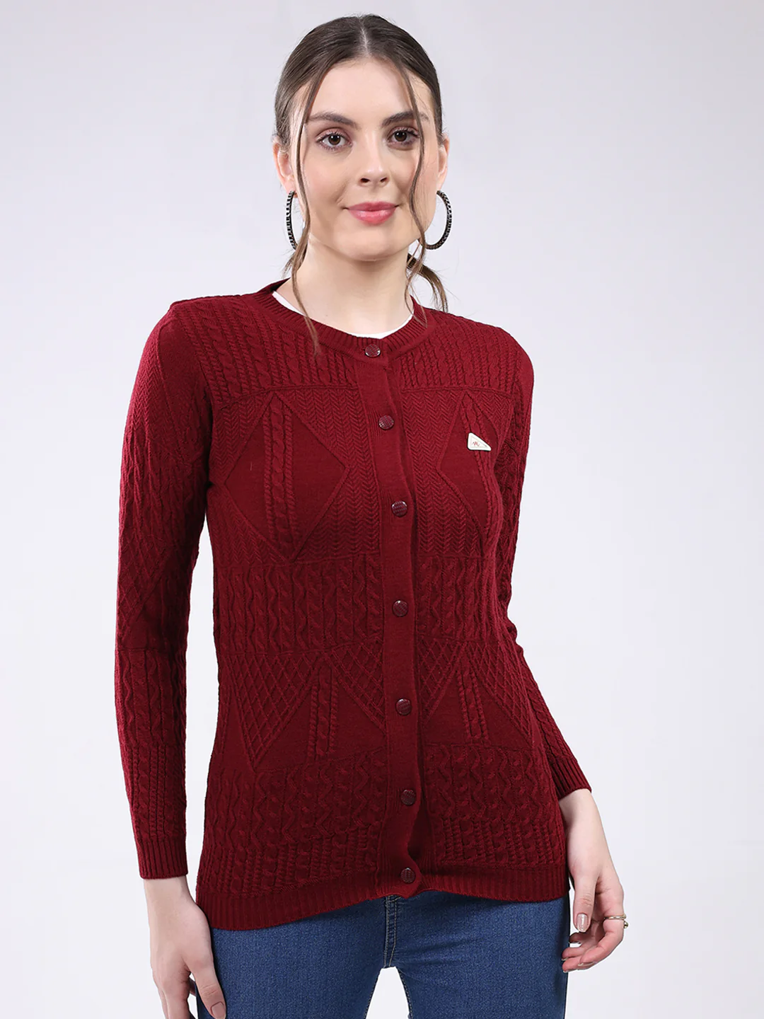 Women Maroon Self Design Round Neck Full Sleeve Cardigan