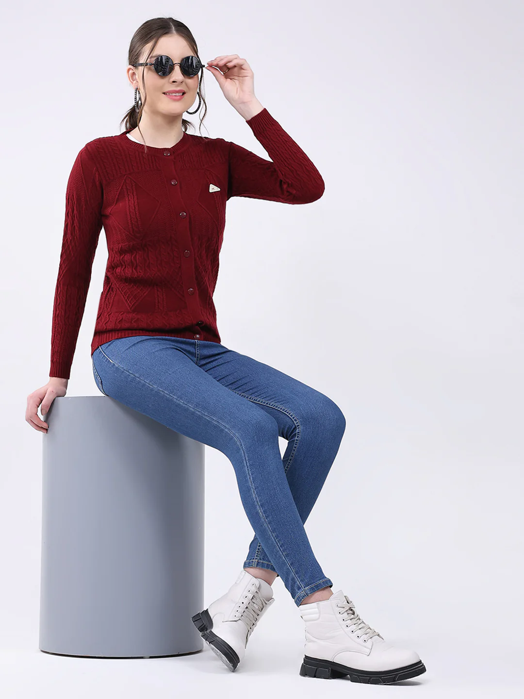 Women Maroon Self Design Round Neck Full Sleeve Cardigan - Image 2