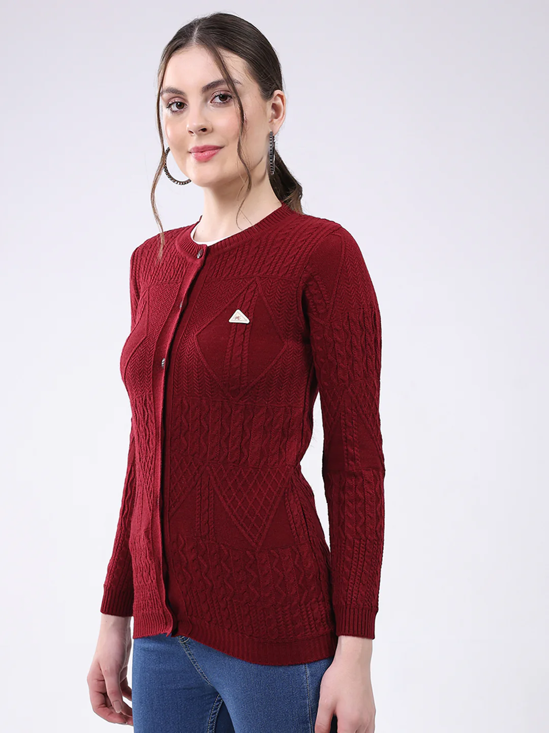 Women Maroon Self Design Round Neck Full Sleeve Cardigan - Image 3