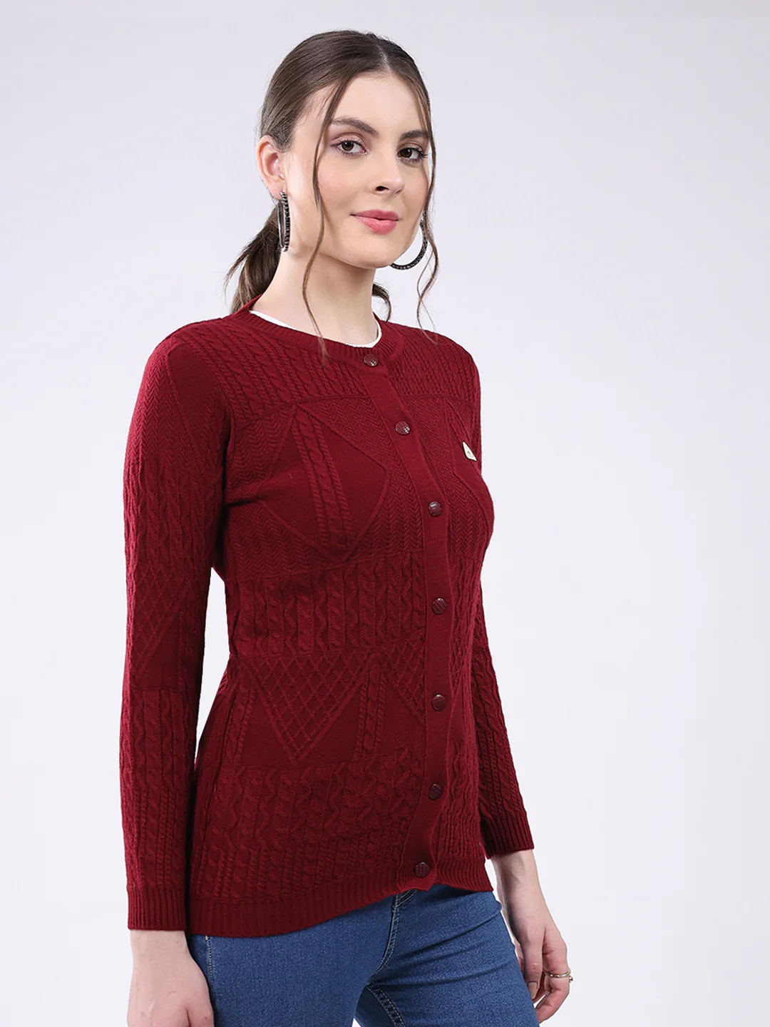 Women Maroon Self Design Round Neck Full Sleeve Cardigan - Image 4