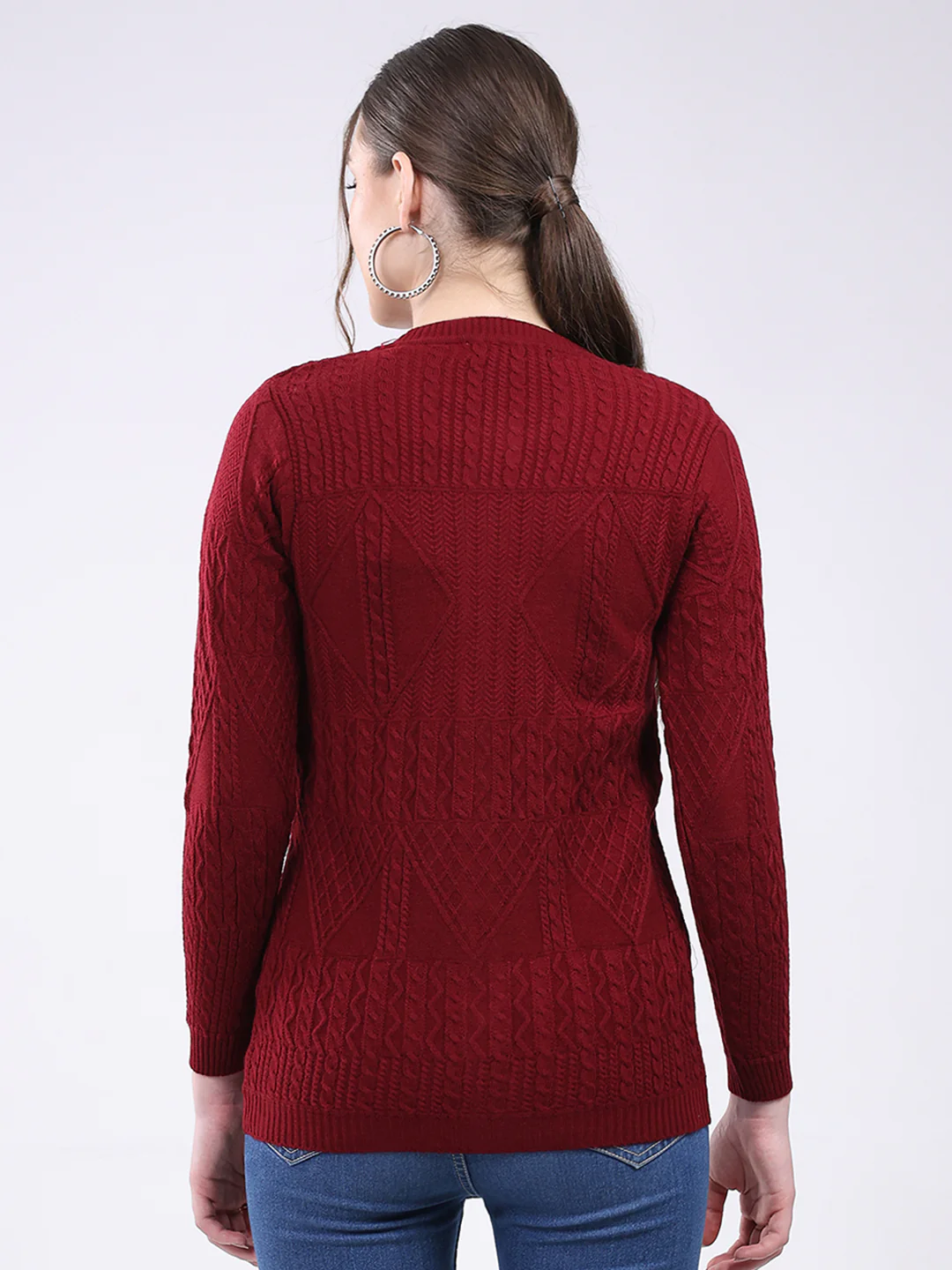 Women Maroon Self Design Round Neck Full Sleeve Cardigan - Image 5