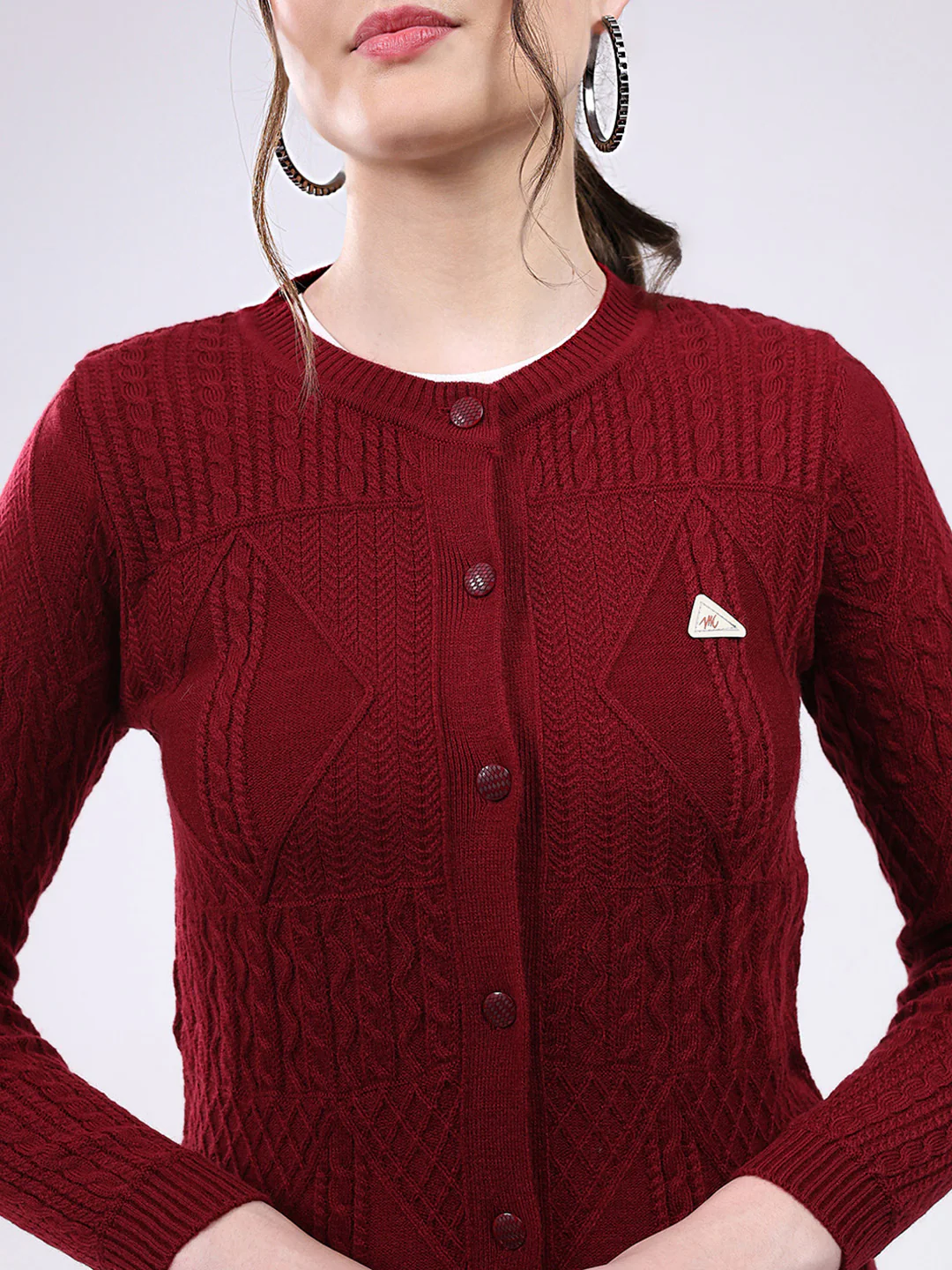 Women Maroon Self Design Round Neck Full Sleeve Cardigan - Image 6