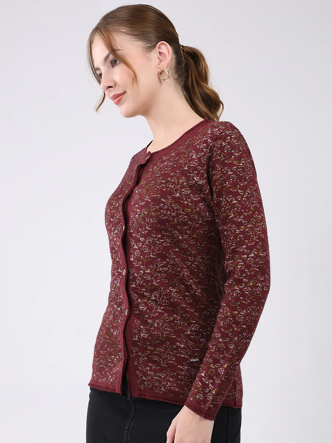 Women Maroon Self Design Round Neck Full Sleeve Cardigan - Image 3