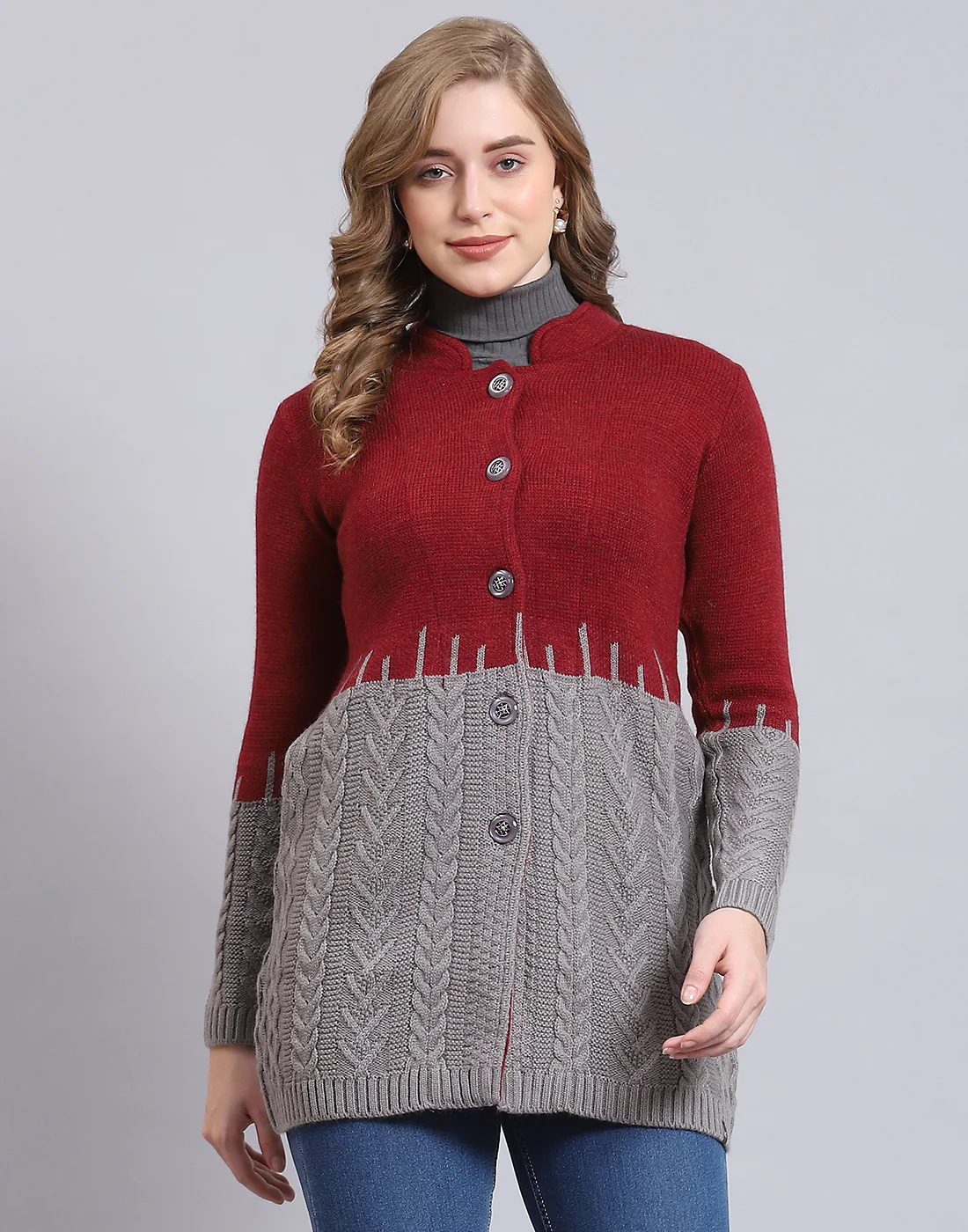 Women Maroon Self Design Round Neck Full Sleeve Coat - Image 2