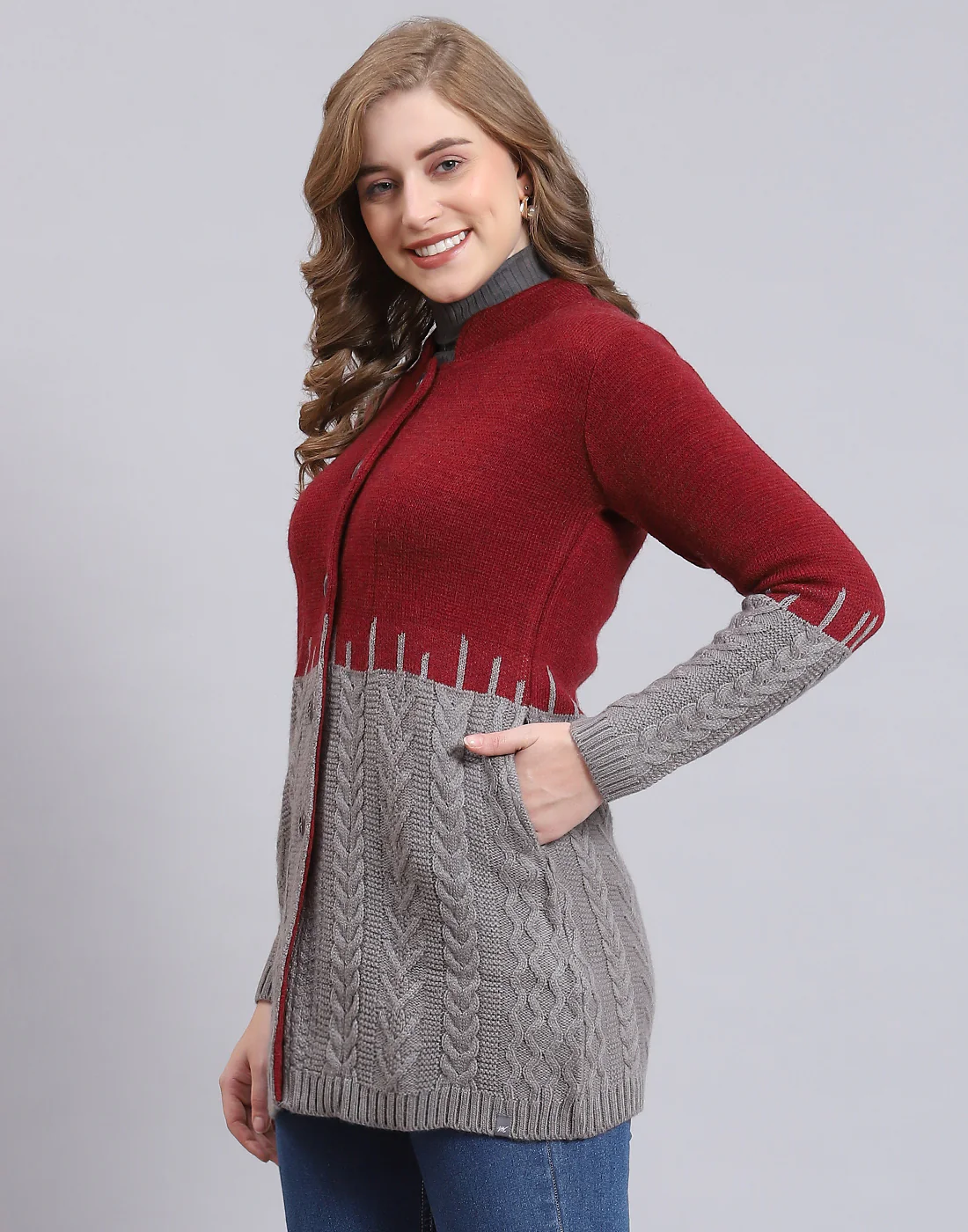 Women Maroon Self Design Round Neck Full Sleeve Coat - Image 3