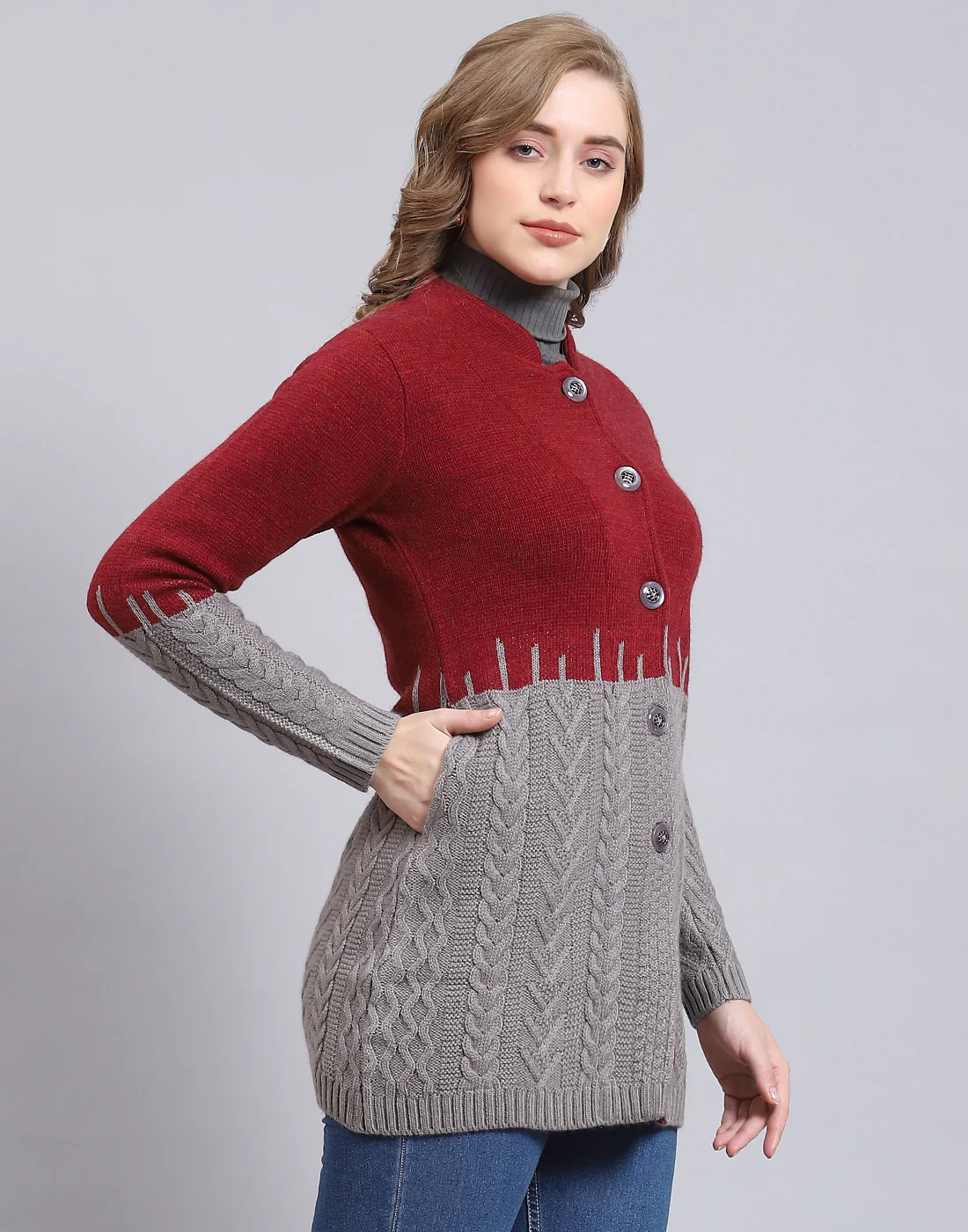 Women Maroon Self Design Round Neck Full Sleeve Coat - Image 4
