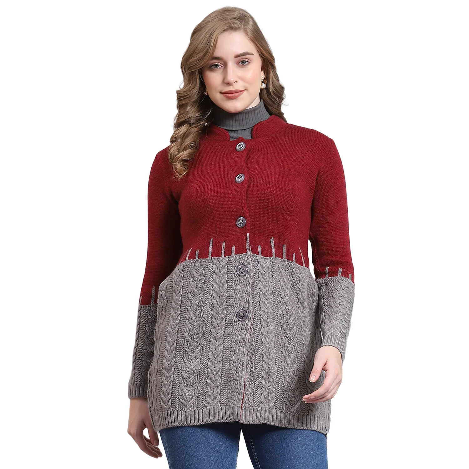 Women Maroon Self Design Round Neck Full Sleeve Coat - Image 5