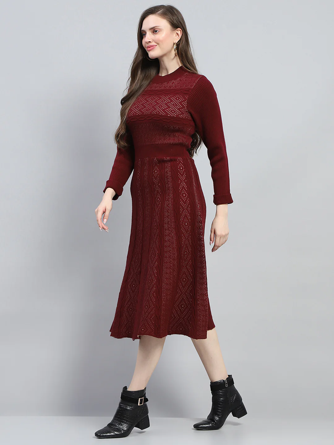 Women Maroon Self Design Round Neck Full Sleeve Dress - Image 3