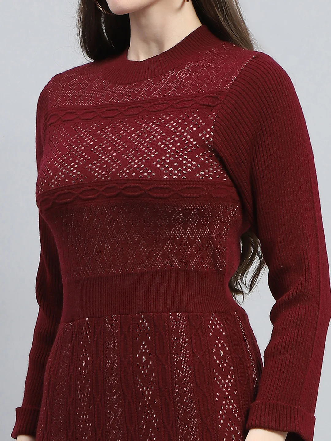 Women Maroon Self Design Round Neck Full Sleeve Dress - Image 6