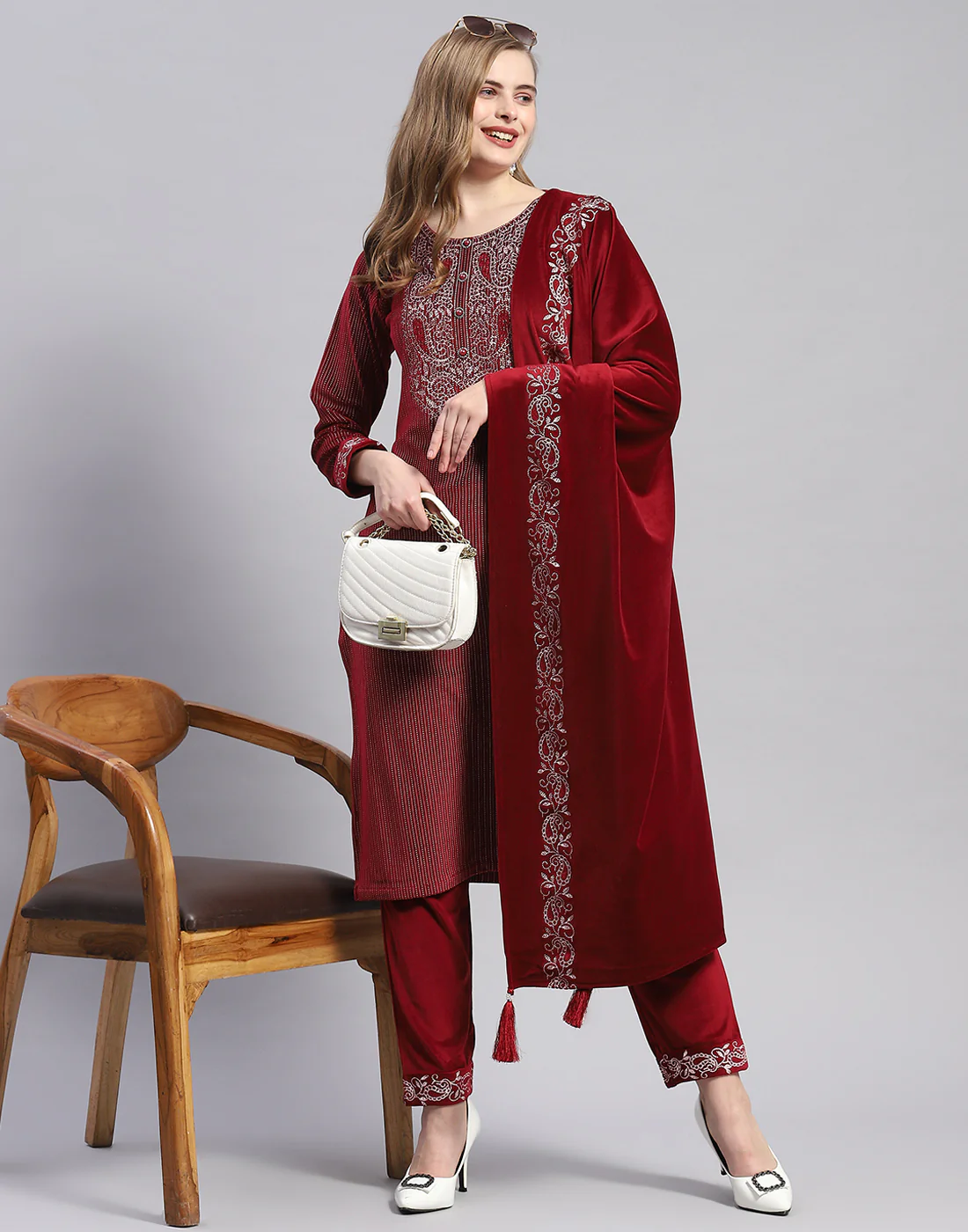 Women Maroon Self Design Round Neck Full Sleeve Kurti+Lower Set