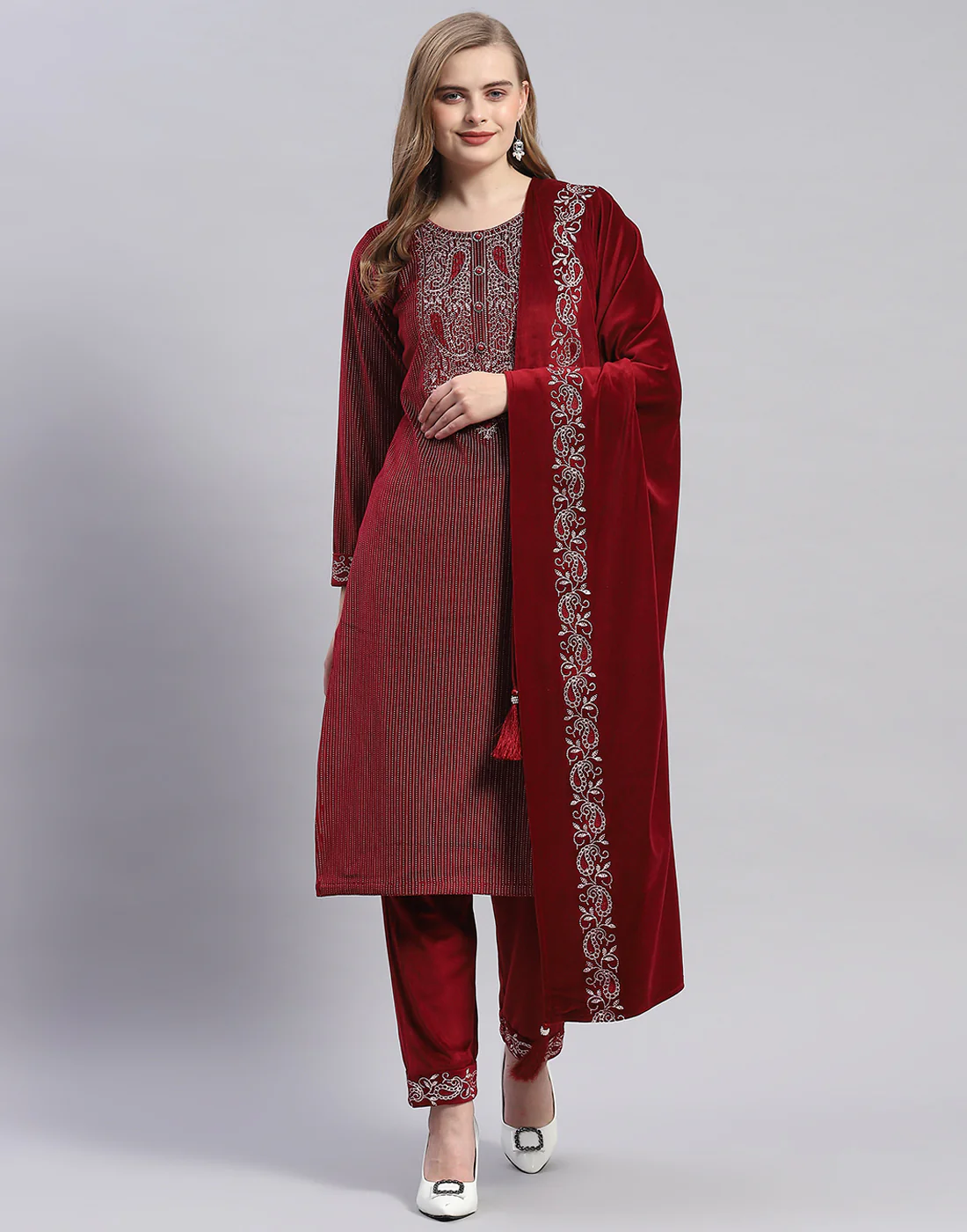 Women Maroon Self Design Round Neck Full Sleeve Kurti+Lower Set - Image 2