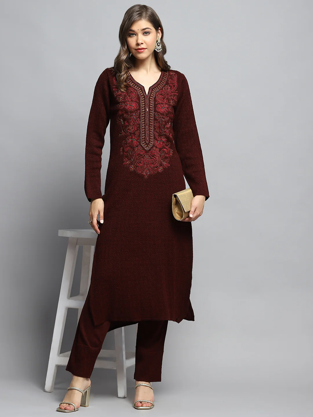 Women Maroon Self Design Round Neck Full Sleeve Kurti Set - Image 2