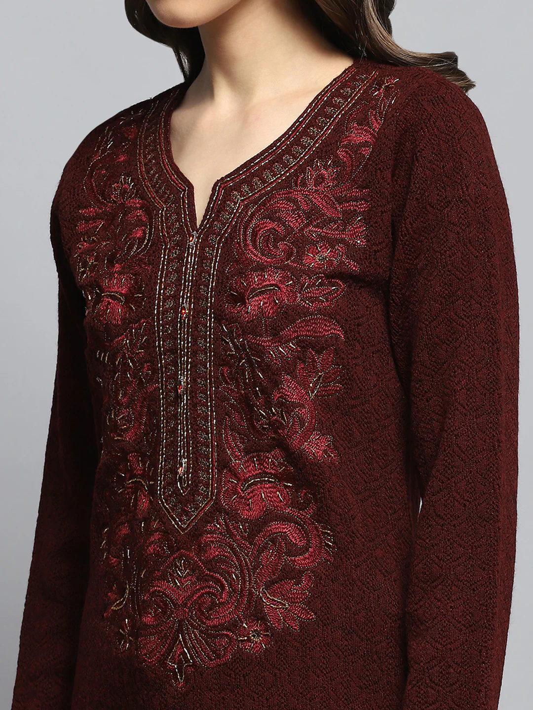 Women Maroon Self Design Round Neck Full Sleeve Kurti Set - Image 6