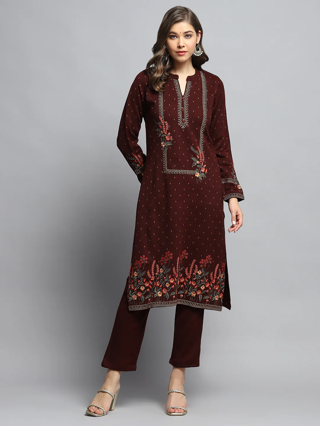 Women Maroon Self Design Round Neck Full Sleeve Kurti Set - Image 3