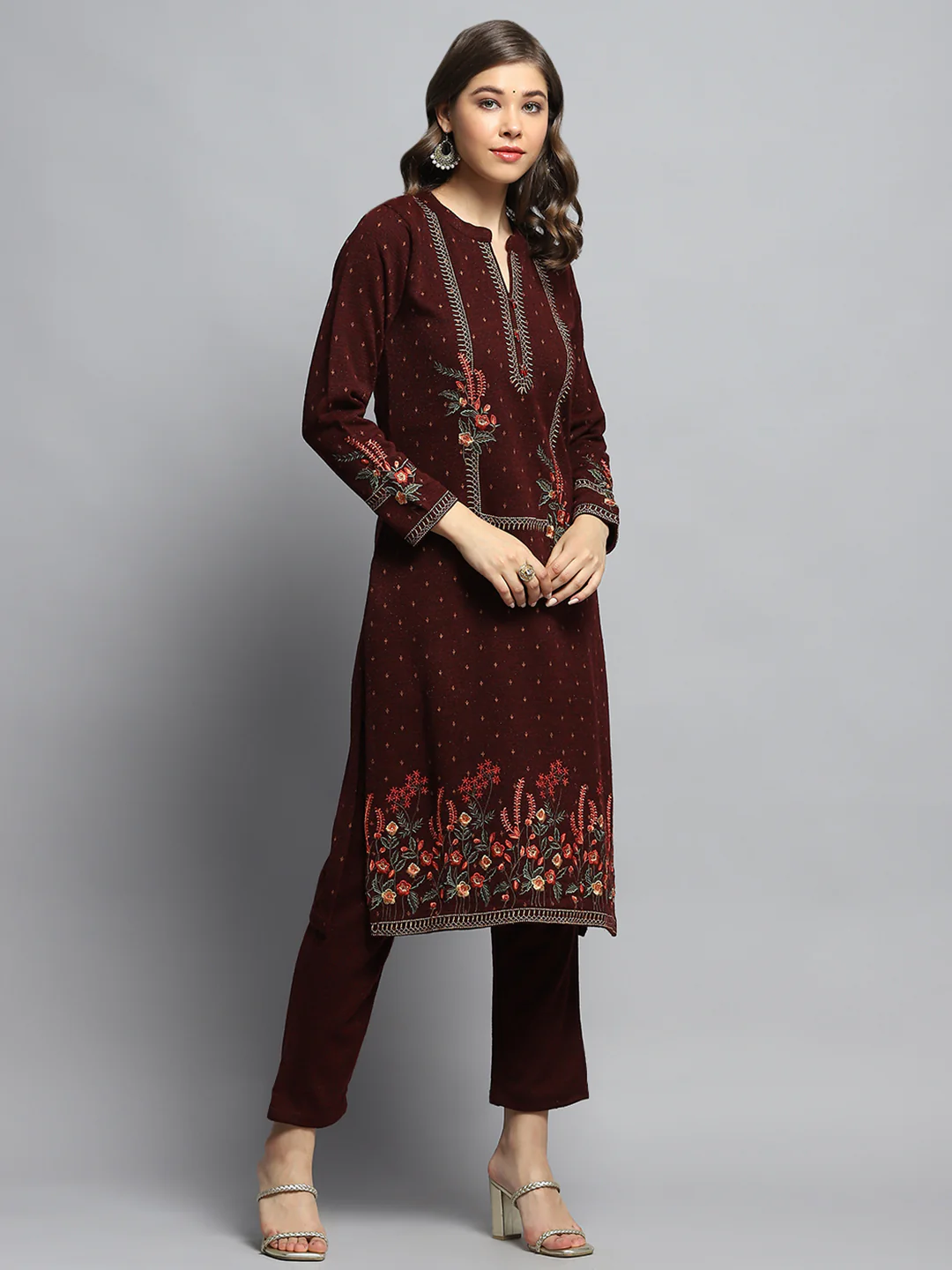 Women Maroon Self Design Round Neck Full Sleeve Kurti Set - Image 5