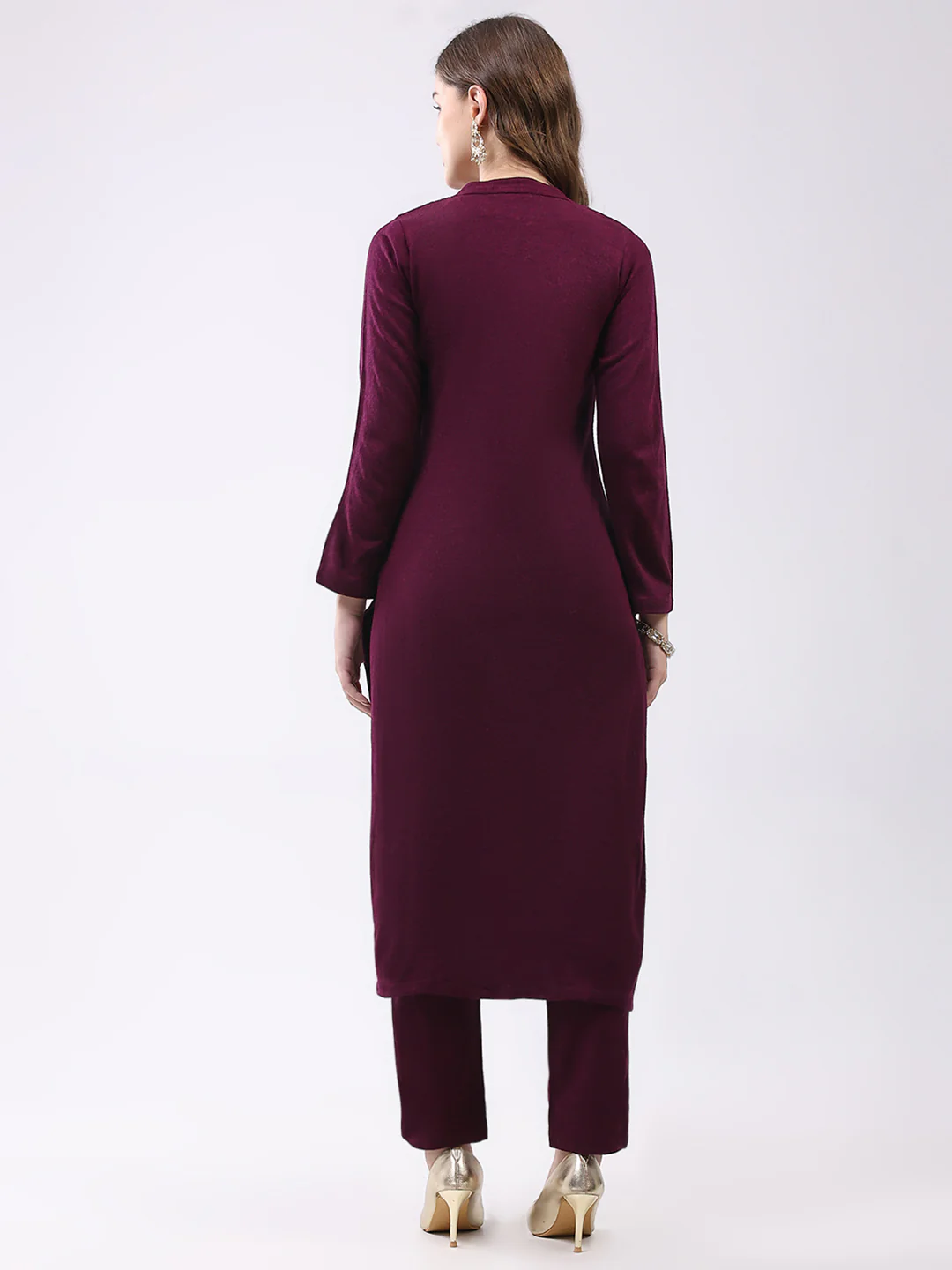 Women Maroon Self Design Round Neck Full Sleeve Kurti Set for Winter - Image 5