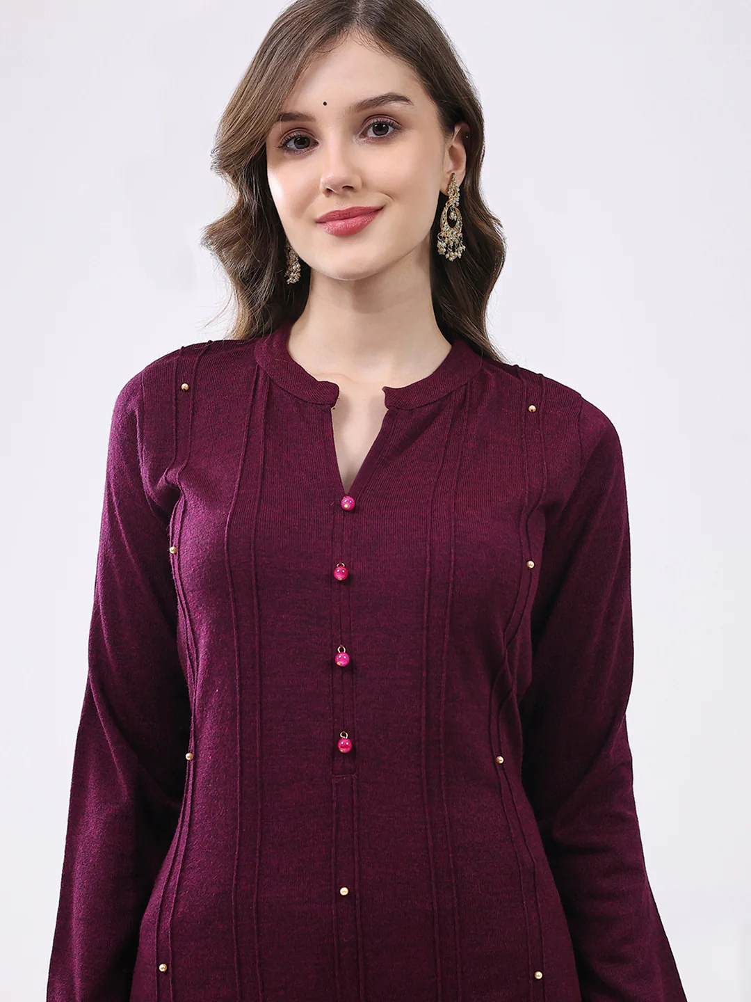Women Maroon Self Design Round Neck Full Sleeve Kurti Set for Winter - Image 6