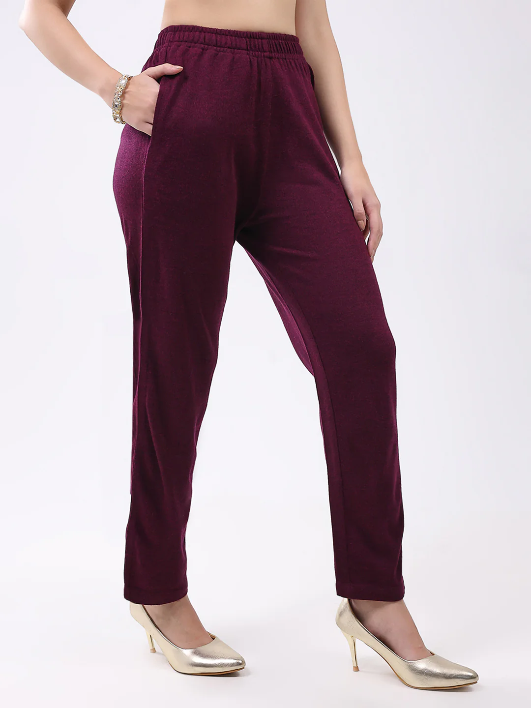 Women Maroon Self Design Round Neck Full Sleeve Kurti Set for Winter - Image 7
