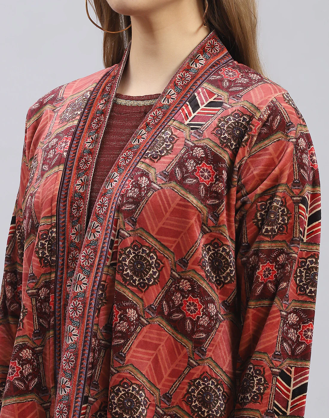 Women Maroon Self Design Round Neck Full Sleeve Kurtis Set - Image 2