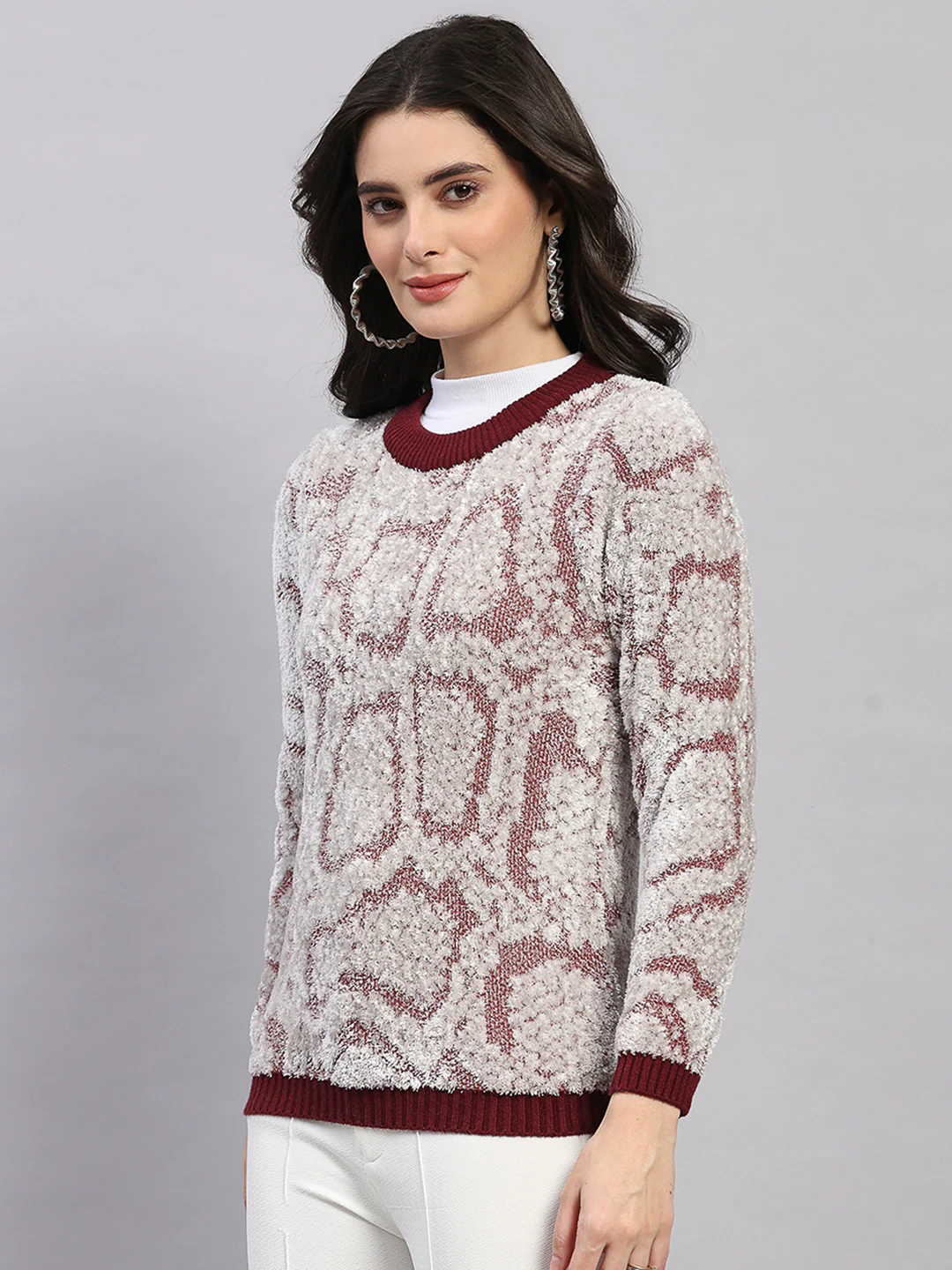 Women Maroon Self Design Round Neck Full Sleeve Winter Top - Image 3