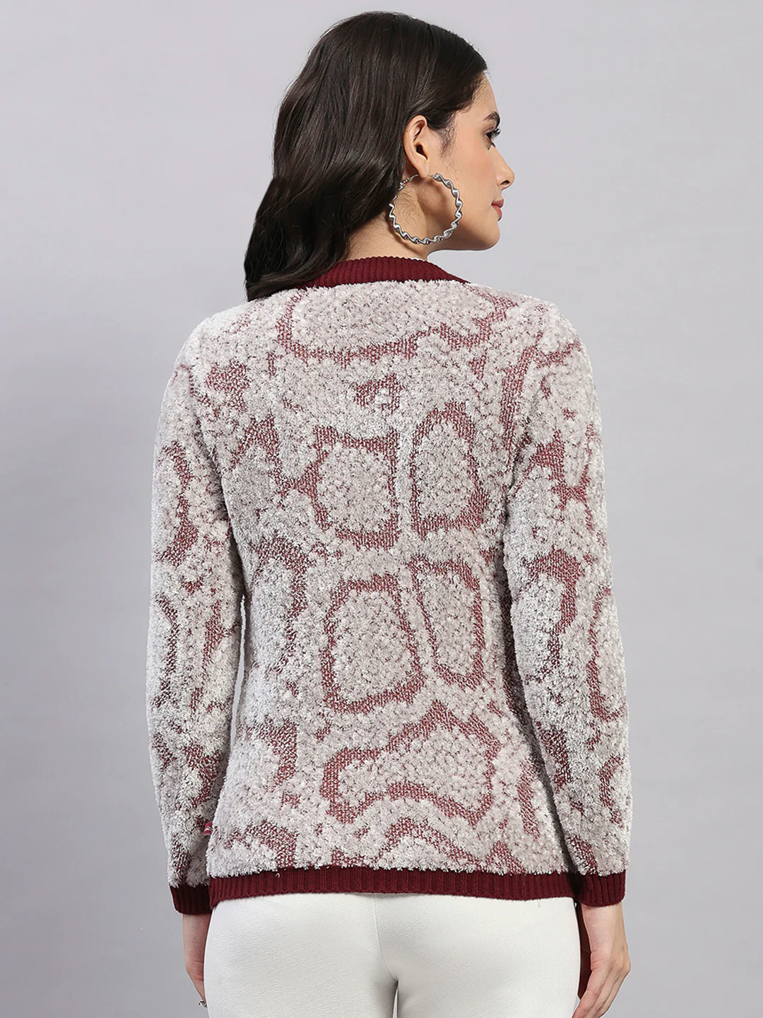 Women Maroon Self Design Round Neck Full Sleeve Winter Top - Image 5
