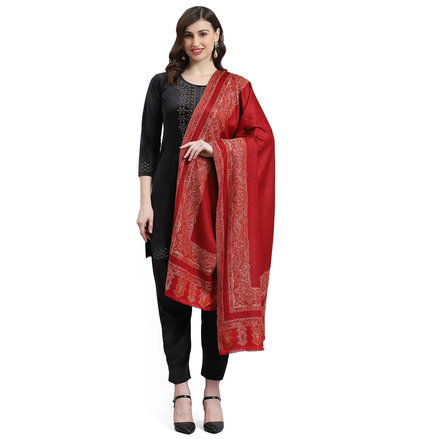 Women Maroon Self Design Shawl - Image 5