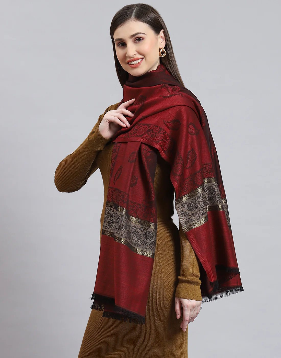 Women Maroon Self Design Shawl - Image 3