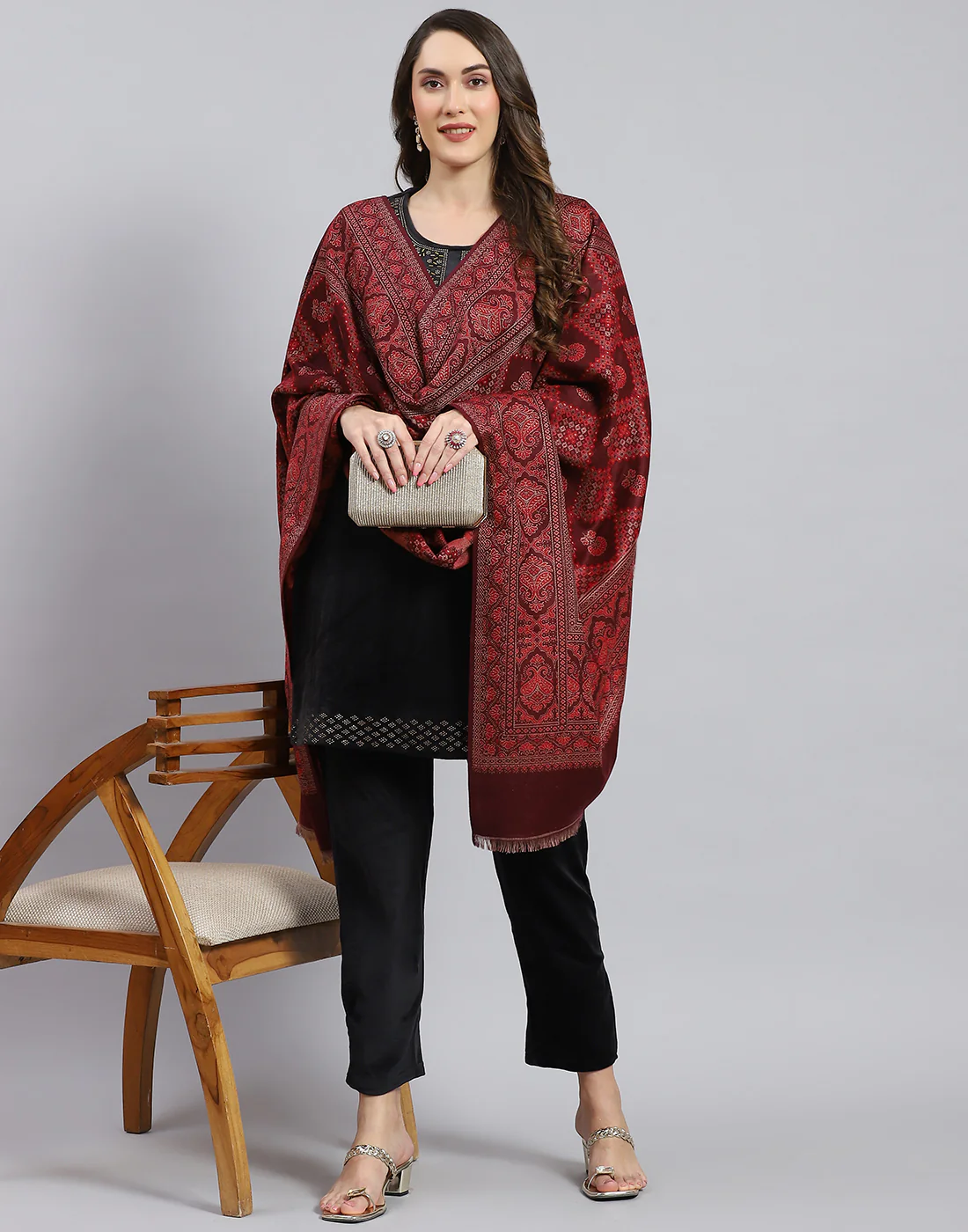Women Maroon Self Design Shawl