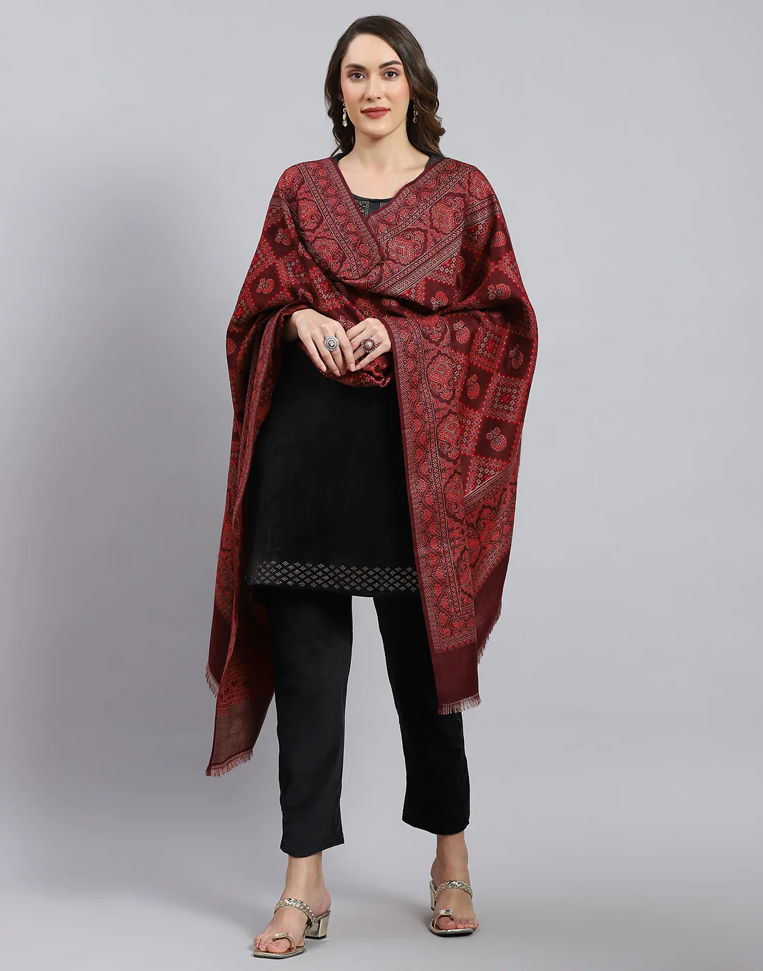 Women Maroon Self Design Shawl - Image 2