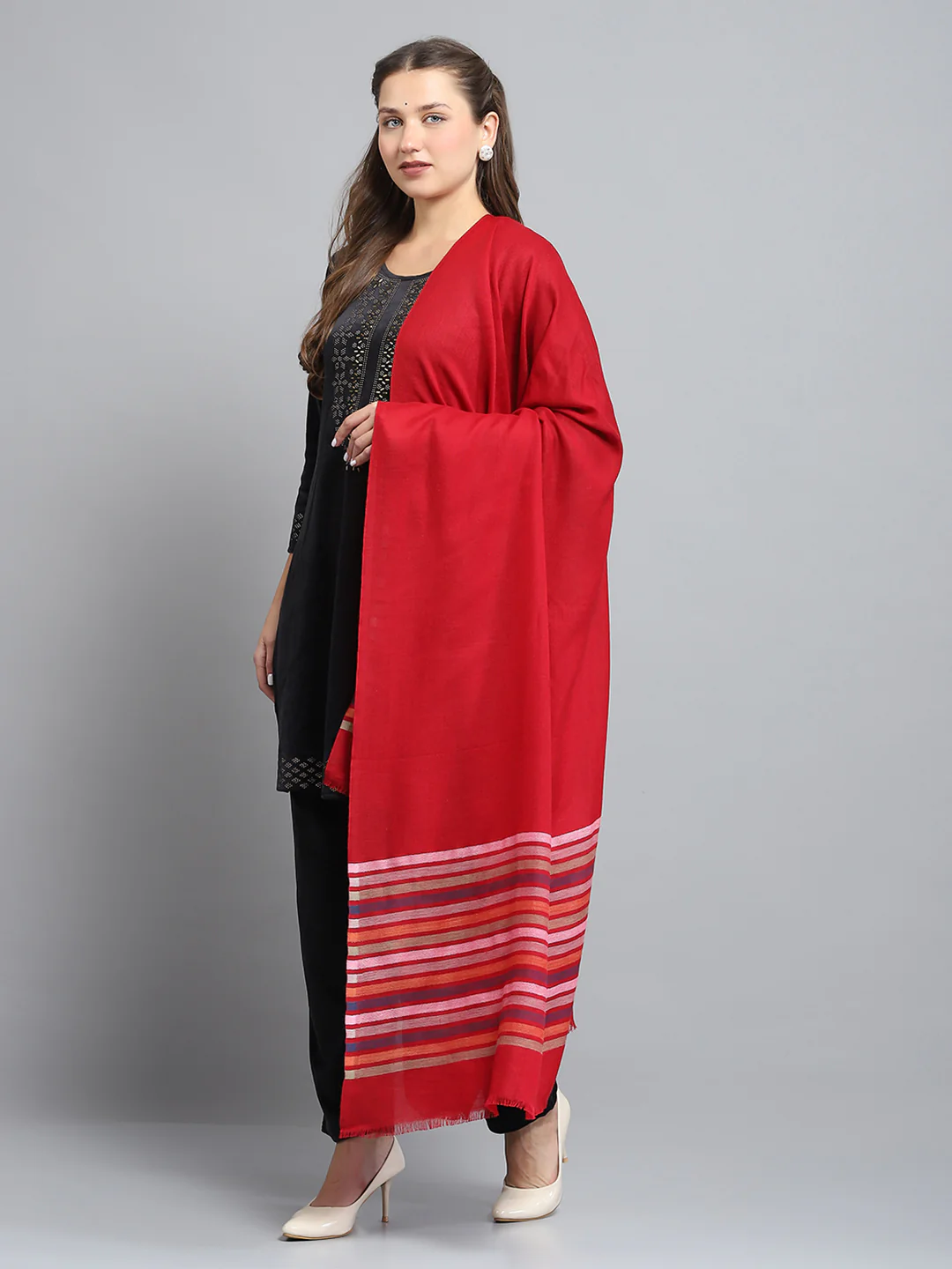 Women Maroon Self Design Shawl - Image 3